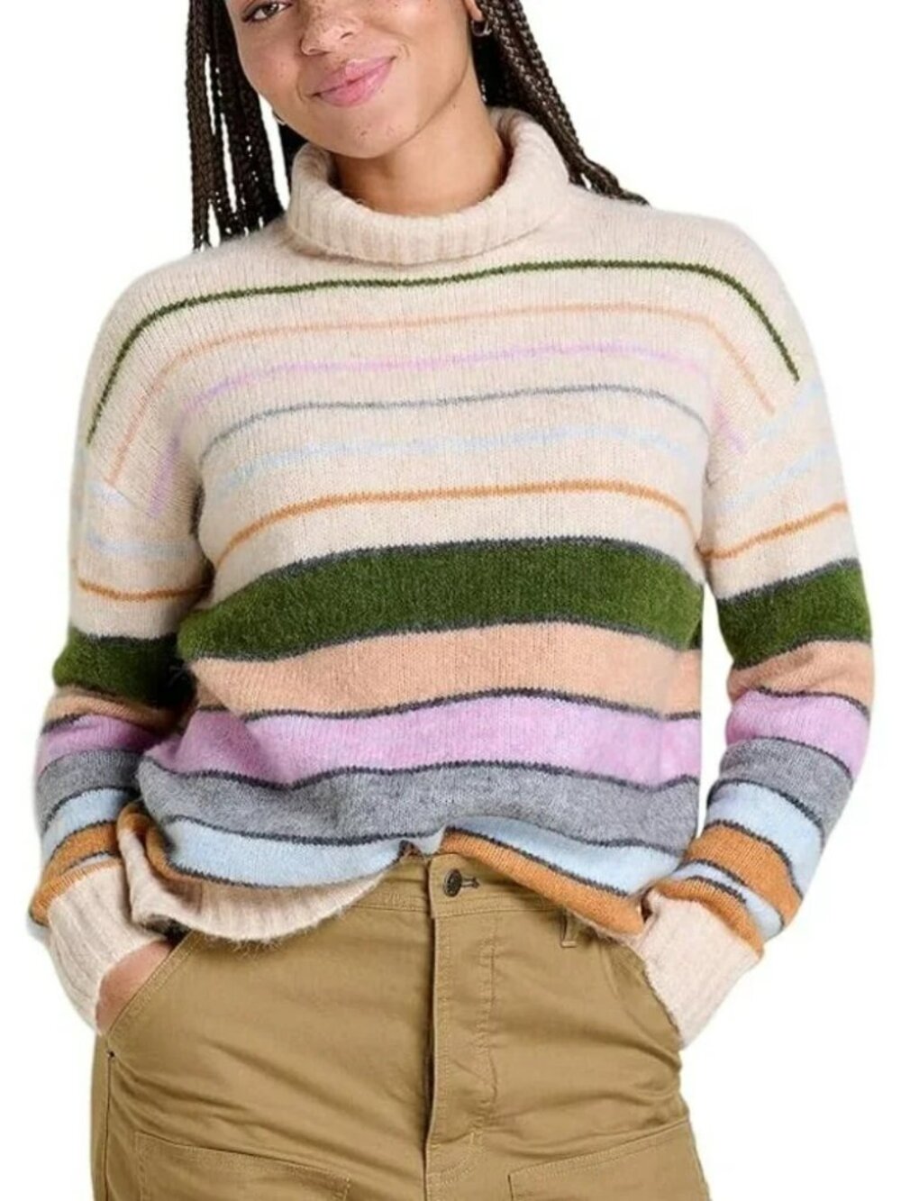 Granola Cabin Retro Boho Toad&Co Mock Neck Boxy Sweater Cream Stripe Sz Lg NWOT